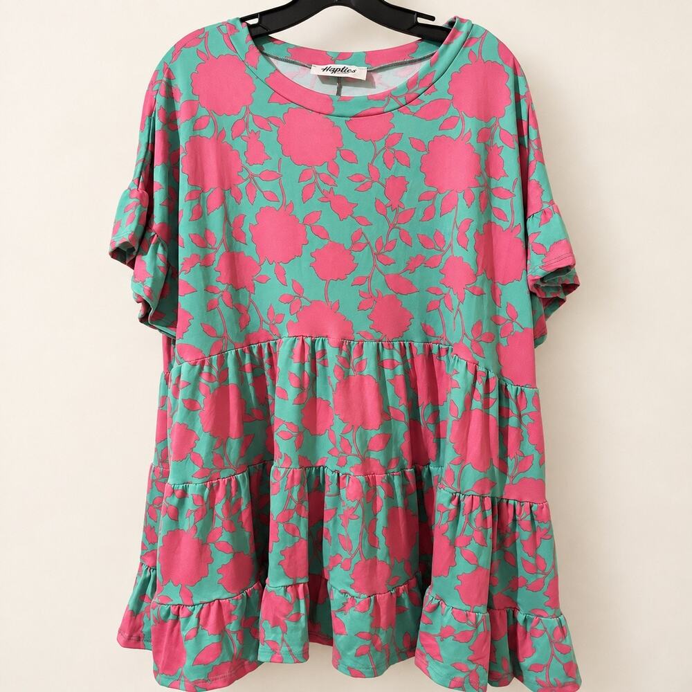 Haptics Holly Harper Large Mint Pink Floral Tiered Flutter Sleeve Dress NWOT
